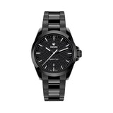 Rado Captain Cook Discover 40.7mm R32279162 front view – black sunray dial with laser-enhanced wave pattern, polished black applied indices and skeletonised hands with white Super-LumiNova®, date window, fixed polished black high-tech ceramic bezel