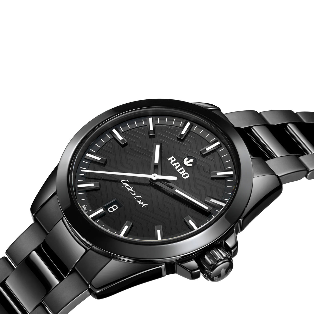 Rado Captain Cook Discover 40.7mm R32279162 side profile – polished black high-tech ceramic case with crown protection, screw-down ceramic crown, curved sapphire crystal, 12.3mm case profile