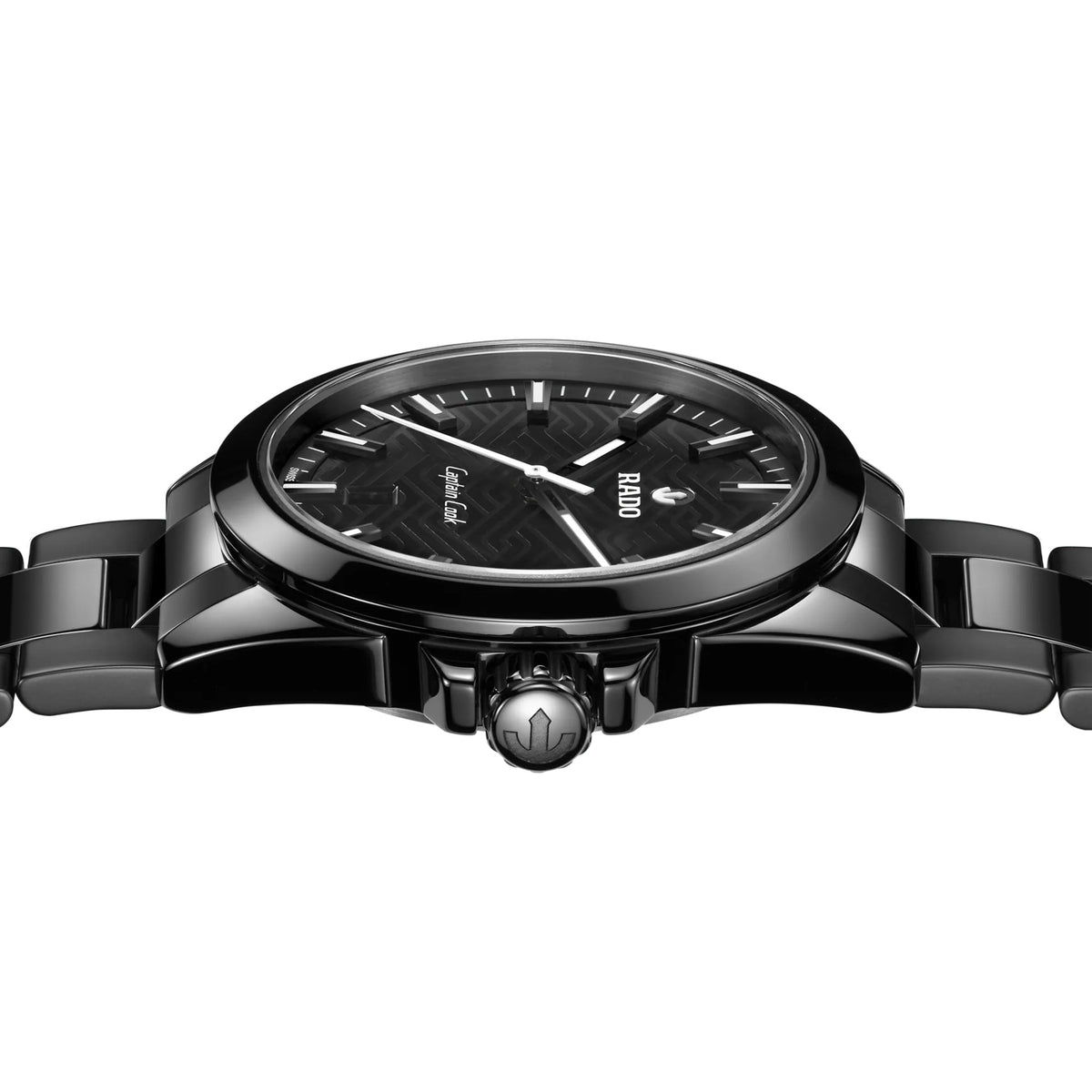 Rado Captain Cook Discover 40.7mm R32279162 side profile – polished black high-tech ceramic case with crown protection, screw-down ceramic crown, curved sapphire crystal, 12.3mm case profile