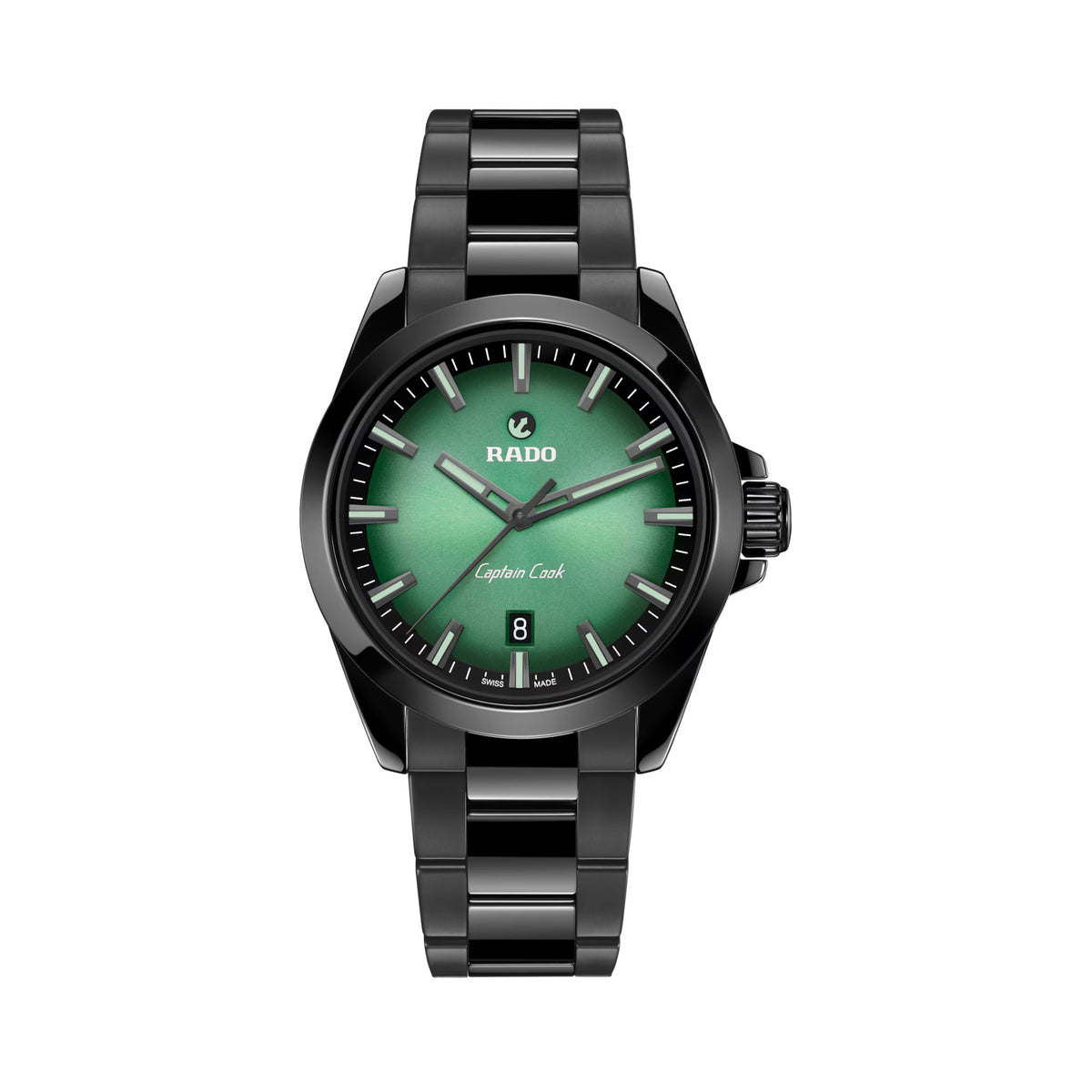 Rado Captain Cook Discover 40.7mm R32279312 front view – black to green gradient sunray dial, applied indices and skeletonised hands with green Super-LumiNova®, date window, fixed polished black high-tech ceramic bezel