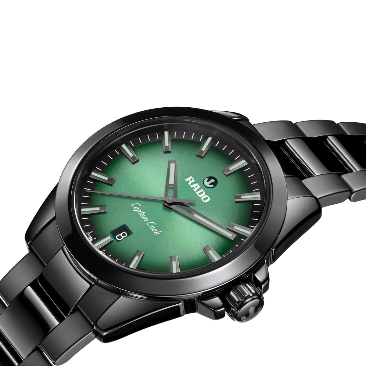 Rado Captain Cook Discover 40.7mm R32279312 side profile – polished black high-tech ceramic case with crown protection, screw-down ceramic crown, curved sapphire crystal, 12.3mm case profile
