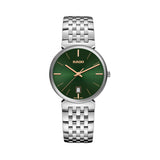 Rado Florence 38mm R48912313 front view – green sunray dial with rose gold-coloured applied and printed indices, matching hands and logo, date window at 6 o’clock, curved edge-to-edge sapphire crystal