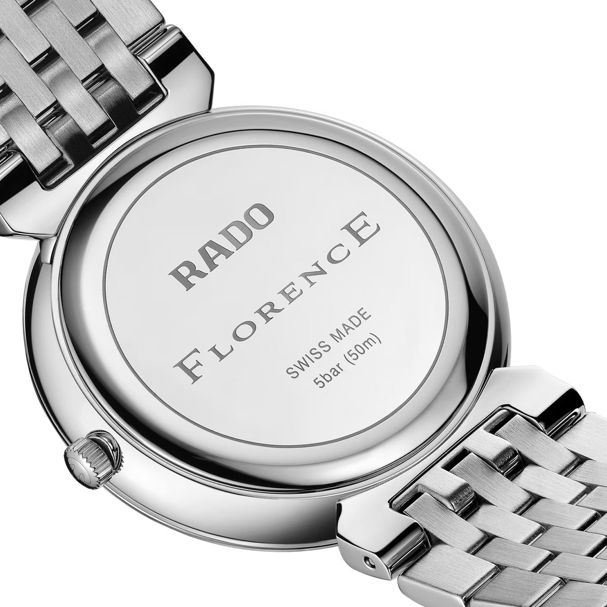 Rado Florence 38mm R48912313 caseback view – pressed stainless steel caseback, Swiss made Rado R073 quartz movement, water resistant to 50m