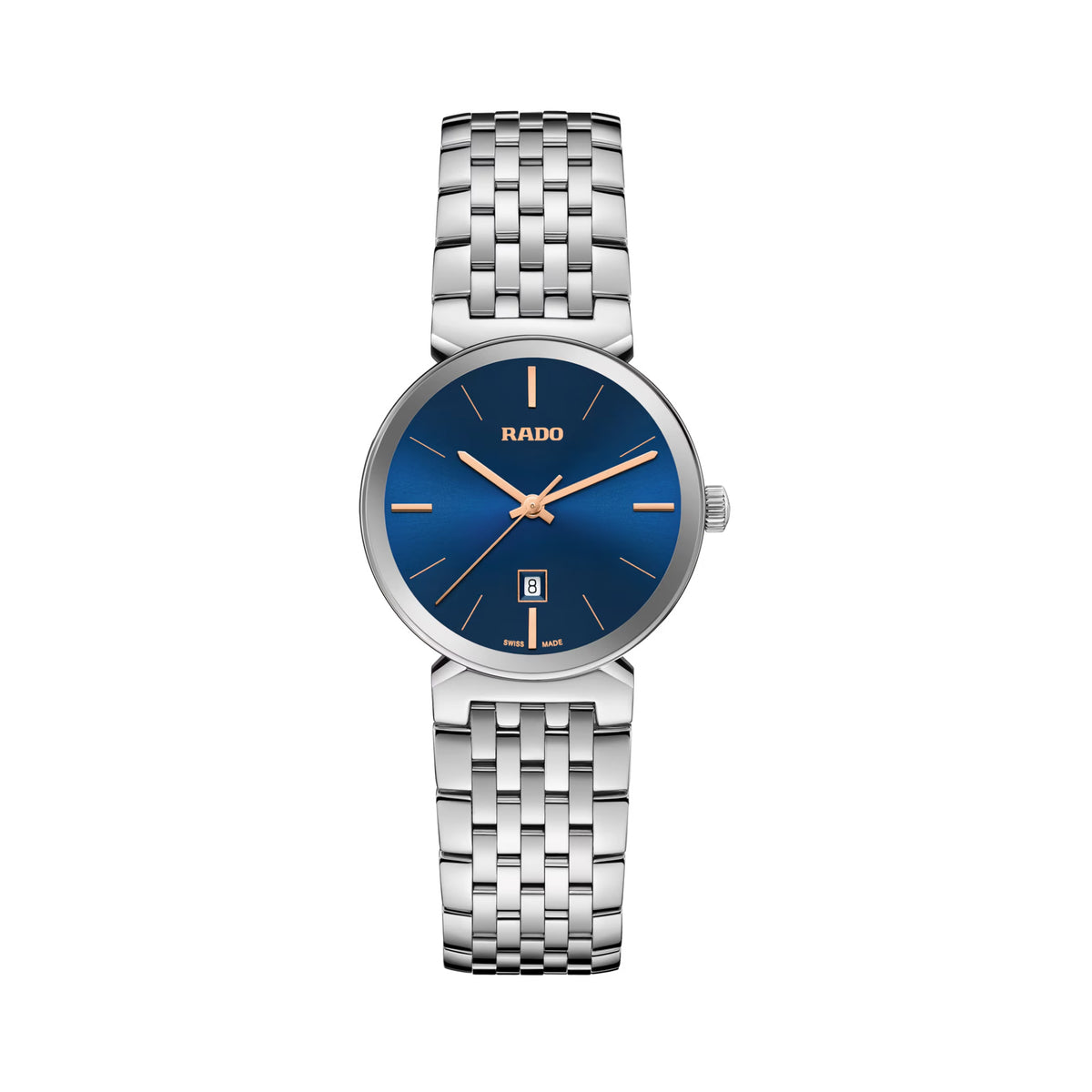 Rado Florence 30mm R48913203 front view – dark blue sunray dial with rose gold-coloured applied and printed indices, matching hands and logo, date window at 6 o’clock, curved edge-to-edge sapphire crystal