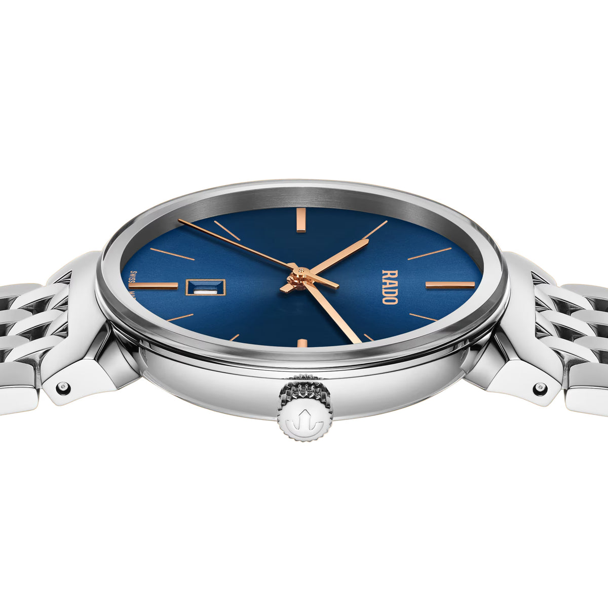 Rado Florence 30mm R48913203 side profile – slim 7.8mm polished stainless steel case, stainless steel crown, curved sapphire crystal with bevelled silver-coloured frame