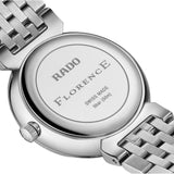 Rado Florence 30mm R48913203 caseback view – pressed stainless steel caseback, Swiss made quartz movement, water resistant to 50m