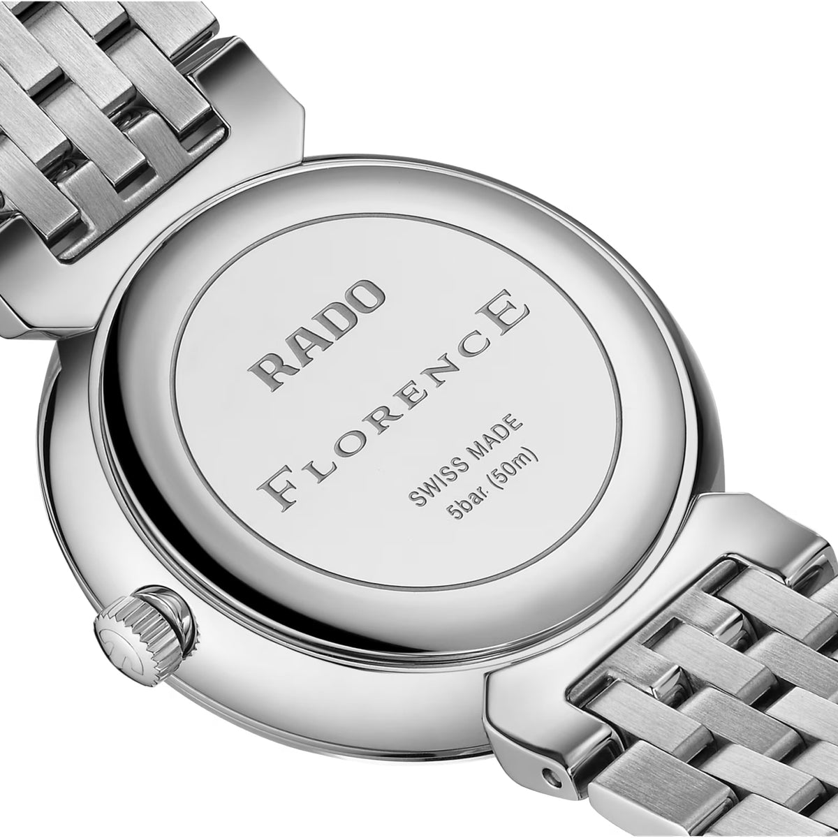 Rado Florence 30mm R48913313 caseback view – pressed stainless steel caseback, Swiss made quartz movement, water resistant to 50m