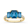 Bluebird London Blue Topaz & Diamond Trilogy Ring in 9ct Yellow Gold