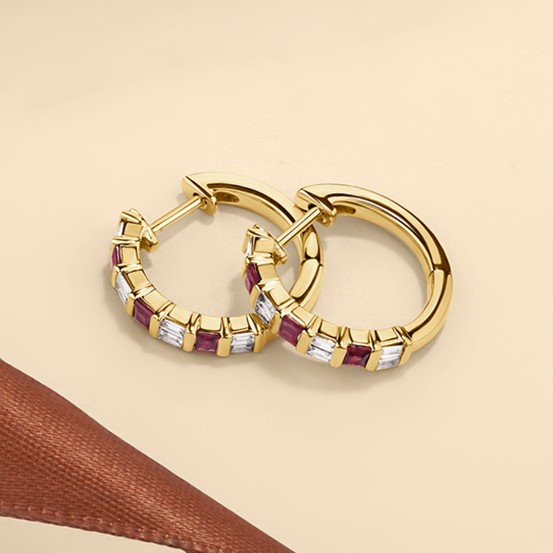 Ruby & 0.20ct TW Diamond Huggie Earrings in 9ct Yellow Gold