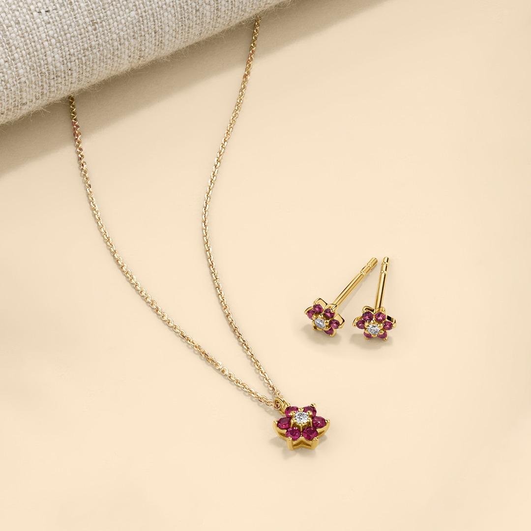Ruby and Diamond Petite Flower Necklace in 9ct Yellow Gold