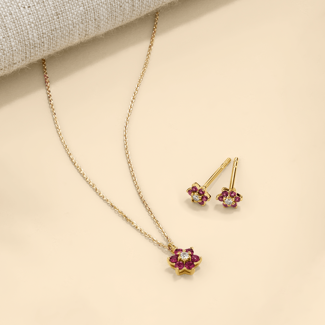 Ruby & Diamond Petite Flower Studs in 9ct Yellow Gold