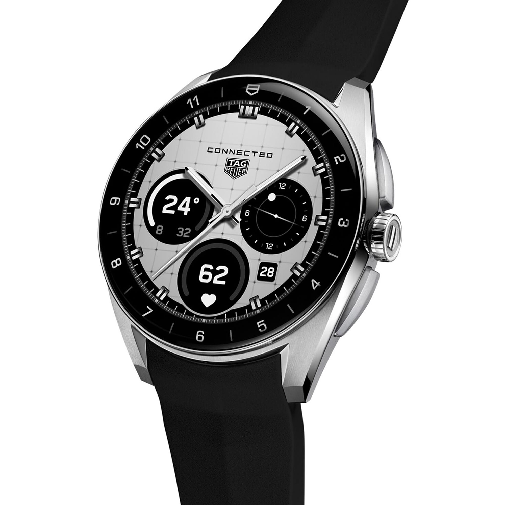 TAG Heuer Connected Calibre E5 SBT8010.BT0002 photographed at an angle highlighting the touchscreen watch face and steel push buttons. The black rubber strap curves away from the lugs, showing its integrated design.