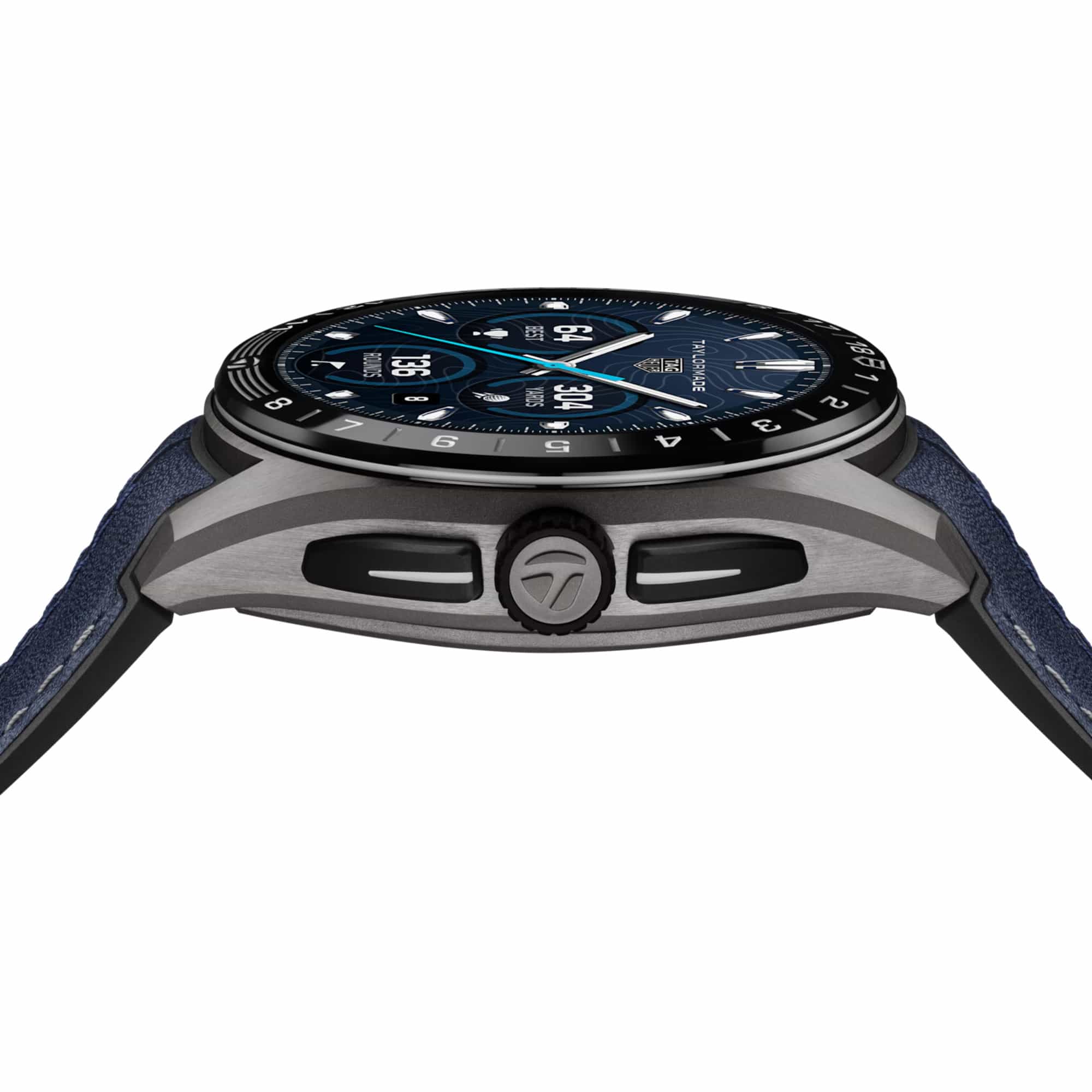 TAG Heuer Connected Calibre E5 x TaylorMade Edition SBT8A86.EB0421 photographed from a side profile, showing the case thickness and rotating crown. The black and blue strap and ceramic bezel are visible together in frame.