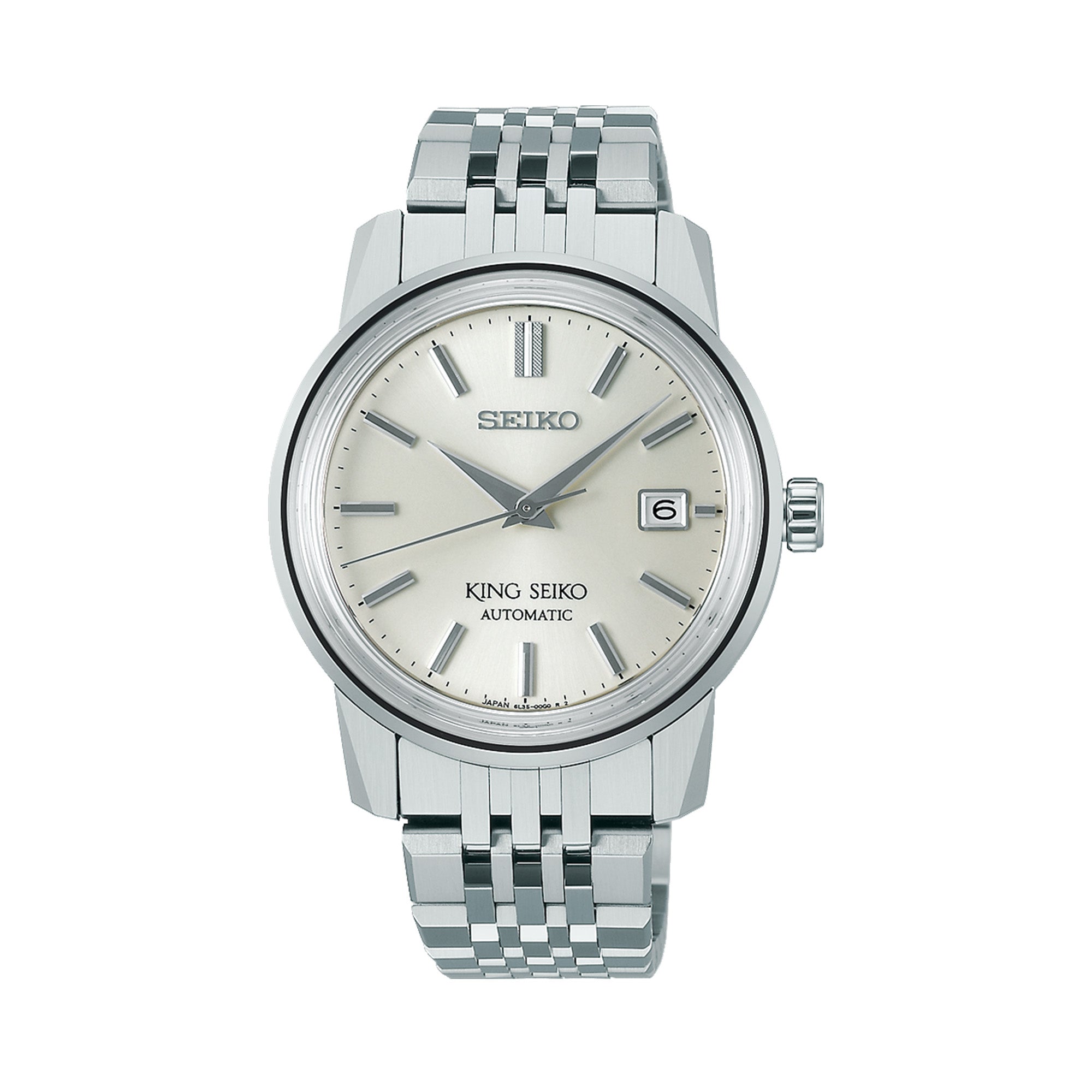 King Seiko SJE089J men's stainless steel automatic watch with silver sunray dial and date window