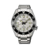 The Seiko Prospex "Marinemaster" Automatic 42.60mm Men's Watch SLA077J features a textured white dial with high-contrast LumiBrite hands and indices, an angled date window, and a black unidirectional bezel. The 42.6mm stainless steel case is fitted with double-domed sapphire crystal.