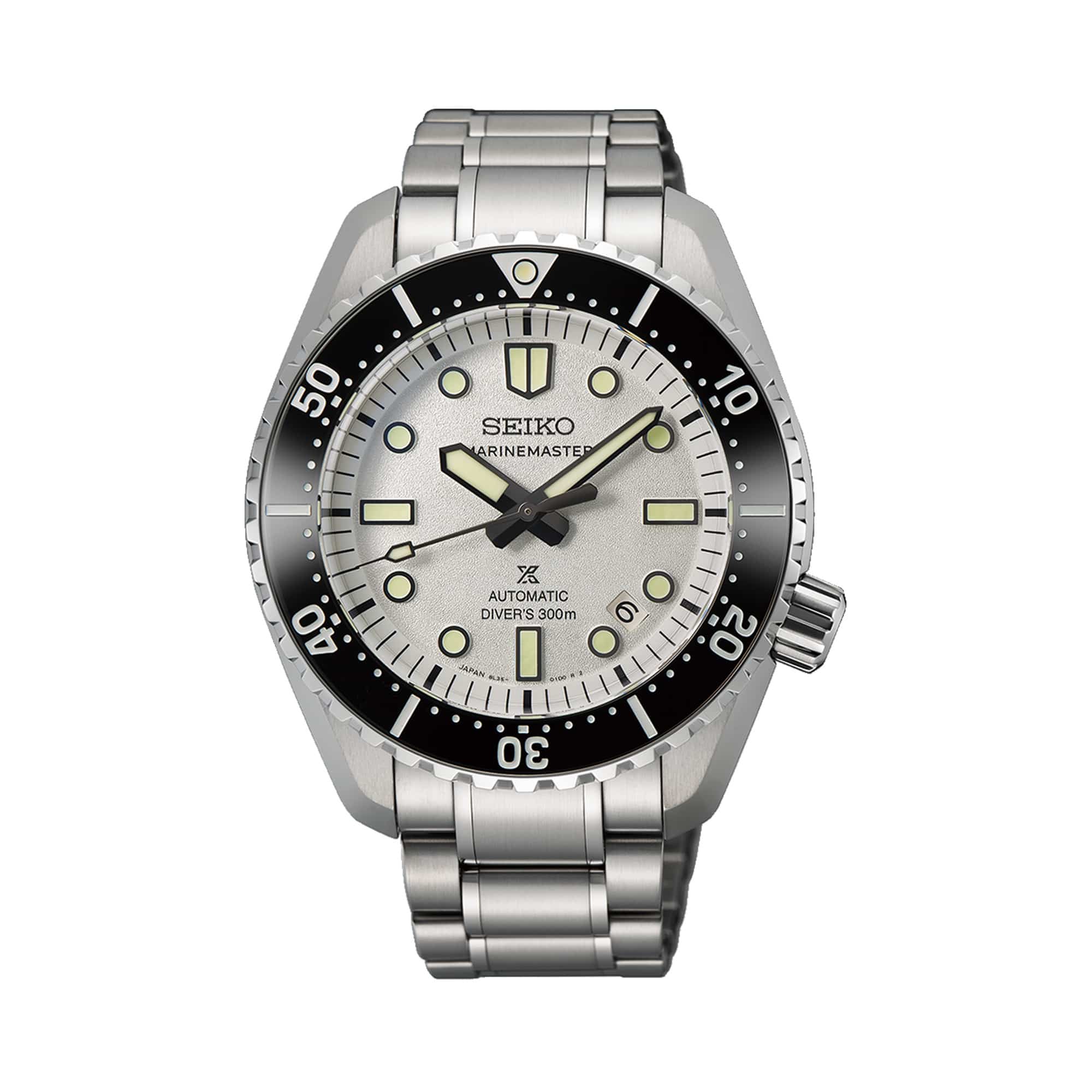 The Seiko Prospex "Marinemaster" Automatic 42.60mm Men's Watch SLA077J features a textured white dial with high-contrast LumiBrite hands and indices, an angled date window, and a black unidirectional bezel. The 42.6mm stainless steel case is fitted with double-domed sapphire crystal.