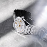 The King Seiko VANAC Men's 41mm Automatic Watch SLA087 shows its angular stainless steel case with mirror and hairline finishing, and a screw-down crown.
