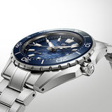 Side profile of the Grand Seiko Evolution 9 SLGB023 men's diver's watch, showing the 12.9mm case thickness in High-Intensity Titanium. The unidirectional rotating bezel and screw-down crown are visible along the case edge.