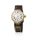 From this angle, the Seiko Presage Automatic 35mm Limited Edition Watch SPB538J shows the white enamel dial's soft depth and Roman numerals together with the gold-coloured case and leather strap.