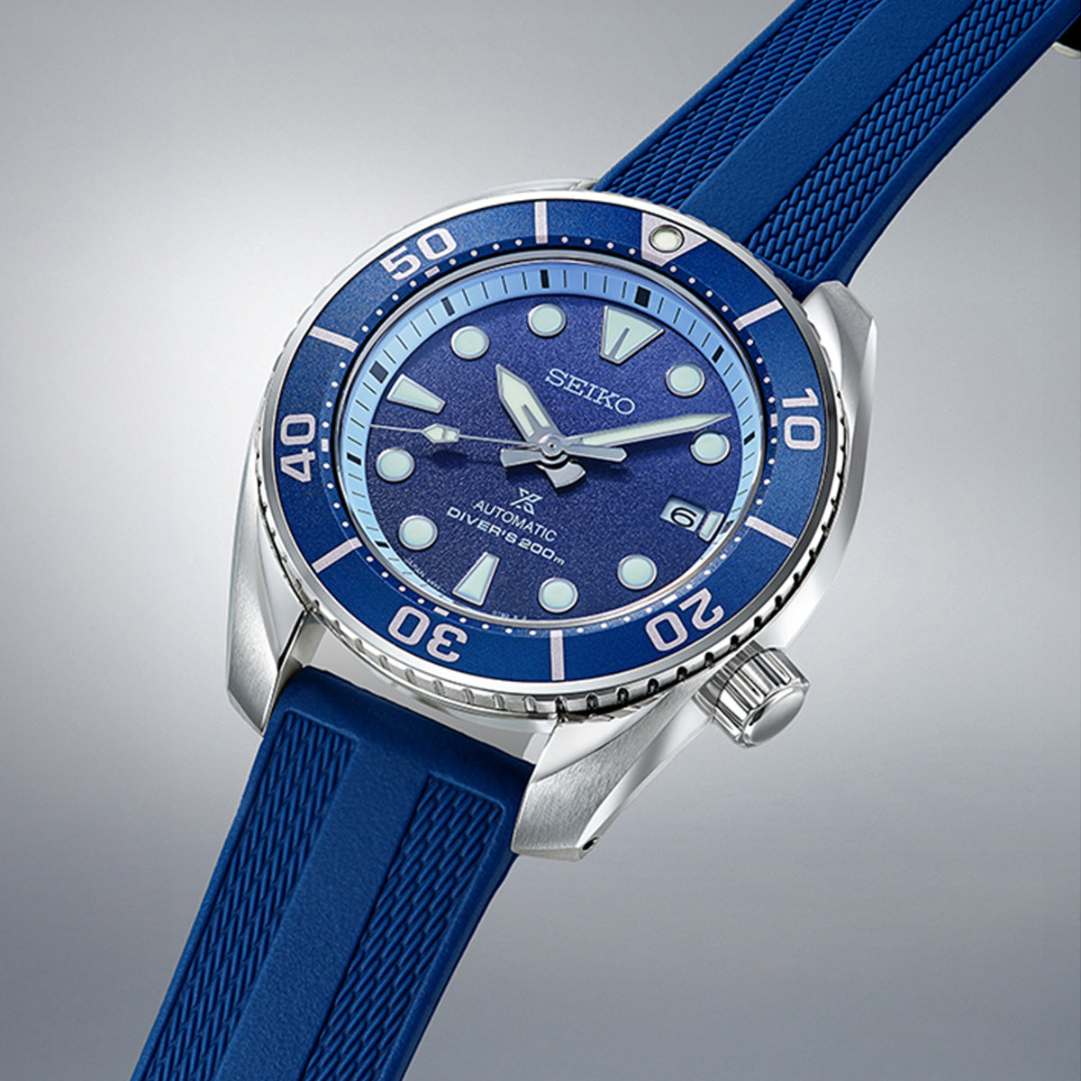 The Seiko Prospex Automatic 45mm Limited Edition Watch SPB543J shows its 45mm stainless steel case with a screw-down crown positioned on the right side.