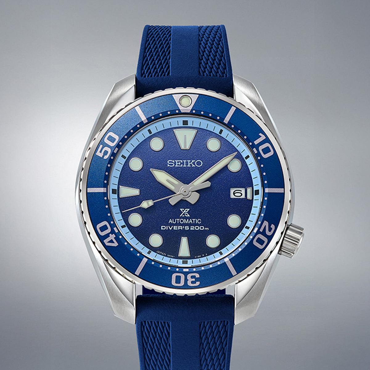The Seiko Prospex Automatic 45mm Limited Edition Watch SPB543J reveals the dial's sunburst texture and applied markers in close detail.