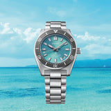 The Seiko Prospex Limited Edition 'Save The Ocean' Automatic Men's 40mm Watch SPB545J reveals the dial's fine sunray texture and applied indices in close detail.