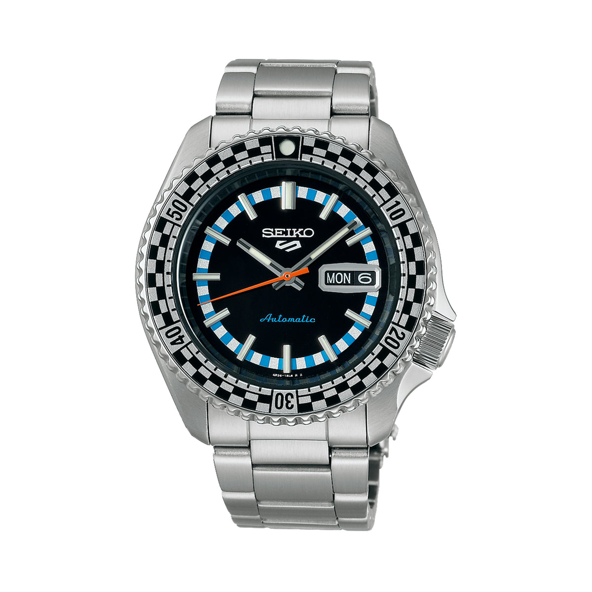 The Seiko 5 Sports SKX Series Men’s 42.50mm Watch SRPK67K has a black dial with LumiBrite hands and markers and a day-date window. The 42.5mm steel case has a black-and-silver checkered bezel.