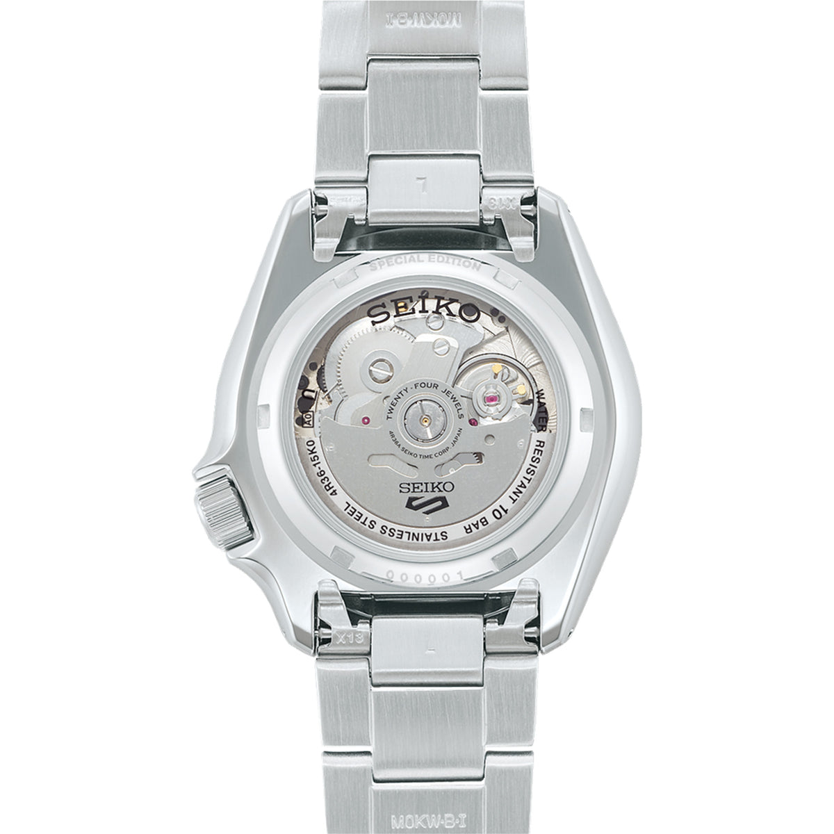 The Seiko 5 Sports SKX Series Men’s 42.50mm Watch SRPK67K has a stainless steel bracelet with a three-fold clasp. The see-through case back is engraved “SPECIAL EDITION”.