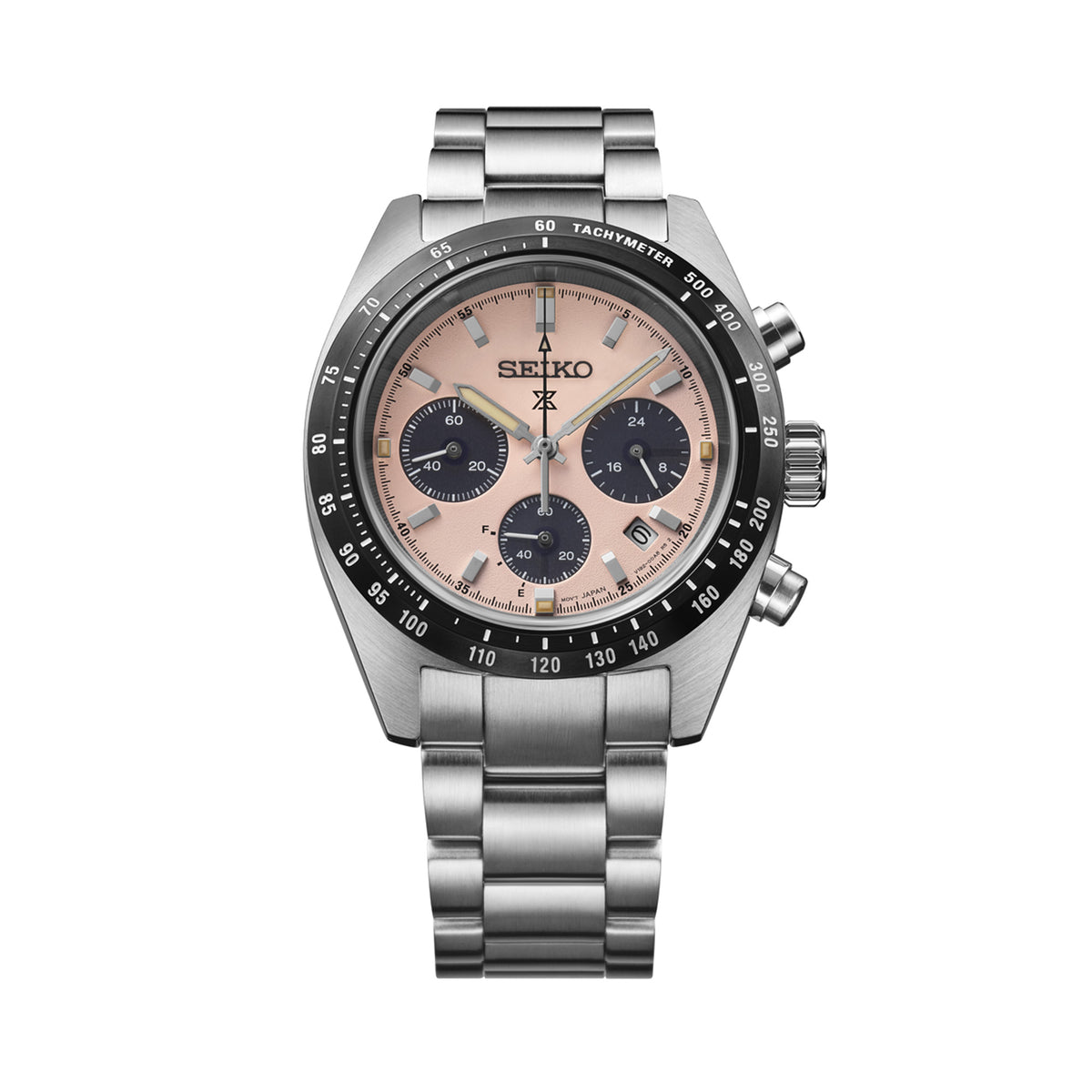 The Seiko Prospex Quartz Chronograph Men’s 39mm Watch SSC963P features a pink sandblasted dial with three black chronograph sub-dials, LumiBrite hands and markers, and a date window. The 39mm stainless steel case is fitted with a curved sapphire crystal and a black tachymeter bezel.