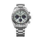 The Seiko Prospex Quartz Chronograph Men’s 39mm Watch SSC965P features a mint green sandblasted dial with three black chronograph sub-dials, LumiBrite hands and markers, and a date window. The 39mm stainless steel case is fitted with a curved sapphire crystal and a tachymeter bezel.