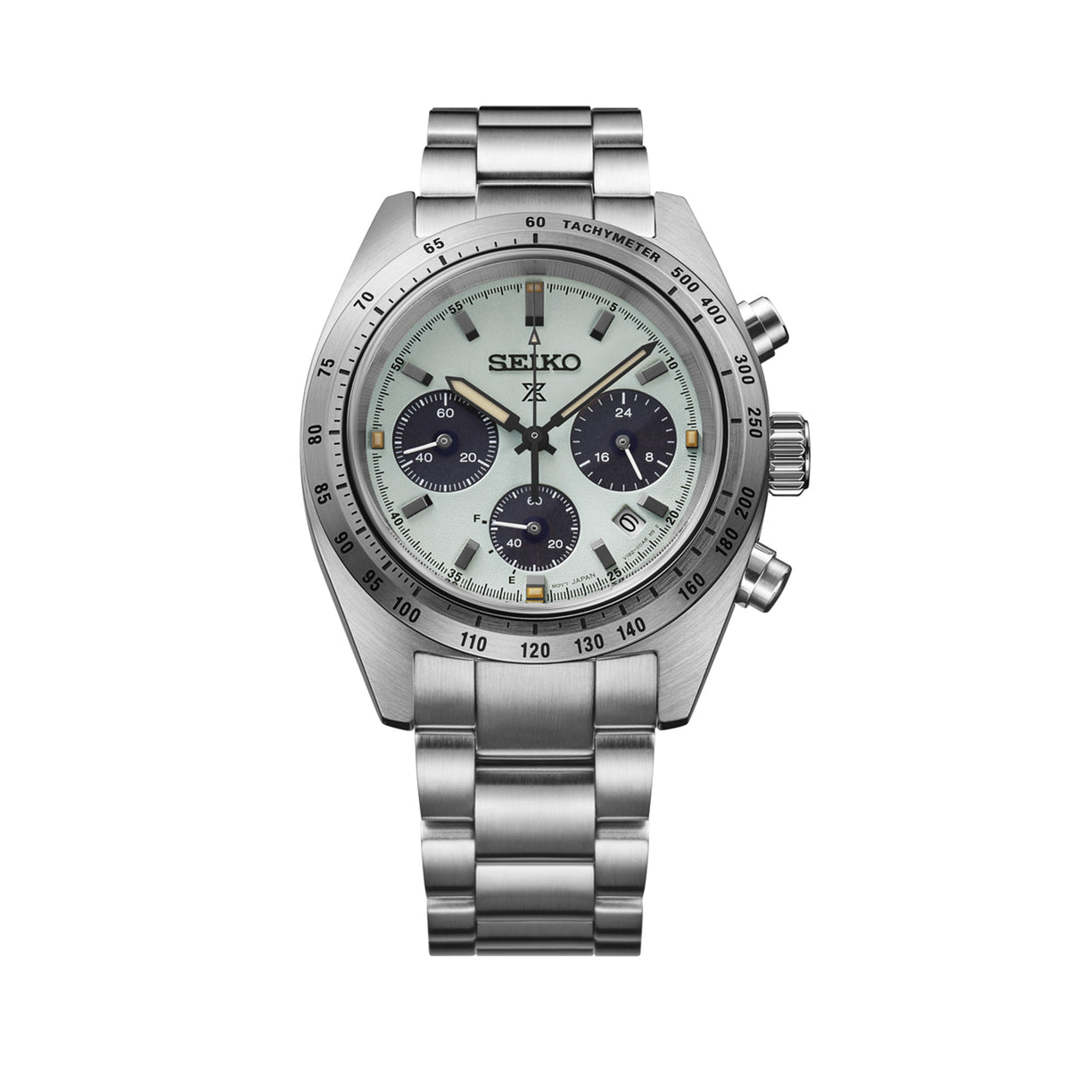 The Seiko Prospex Quartz Chronograph Men’s 39mm Watch SSC965P features a mint green sandblasted dial with three black chronograph sub-dials, LumiBrite hands and markers, and a date window. The 39mm stainless steel case is fitted with a curved sapphire crystal and a tachymeter bezel.