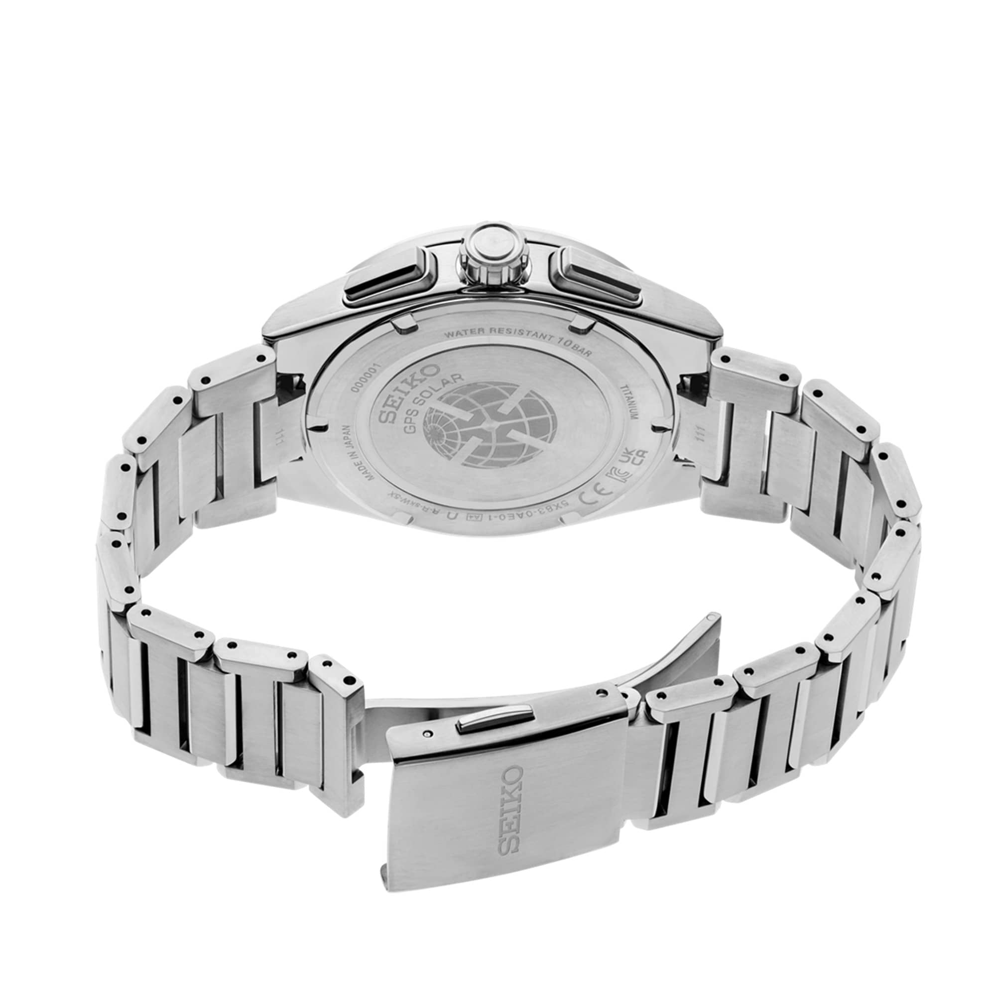 The Seiko Astron Men's 42mm Solar GMT Watch SSH163J is fitted with a titanium bracelet secured by a three-fold clasp with push-button release and Smart Adjuster function. The screw case back contributes to the watch's 100m water resistance.