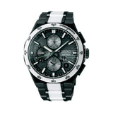 The Seiko Astron Limited Edition Solar GPS Men's 43.40mm Watch SSH185J features a dial with a horizontal intermittent line pattern and light green accents. The 43.4mm titanium case is fitted with dual-curved sapphire crystal and a white ceramic bezel.