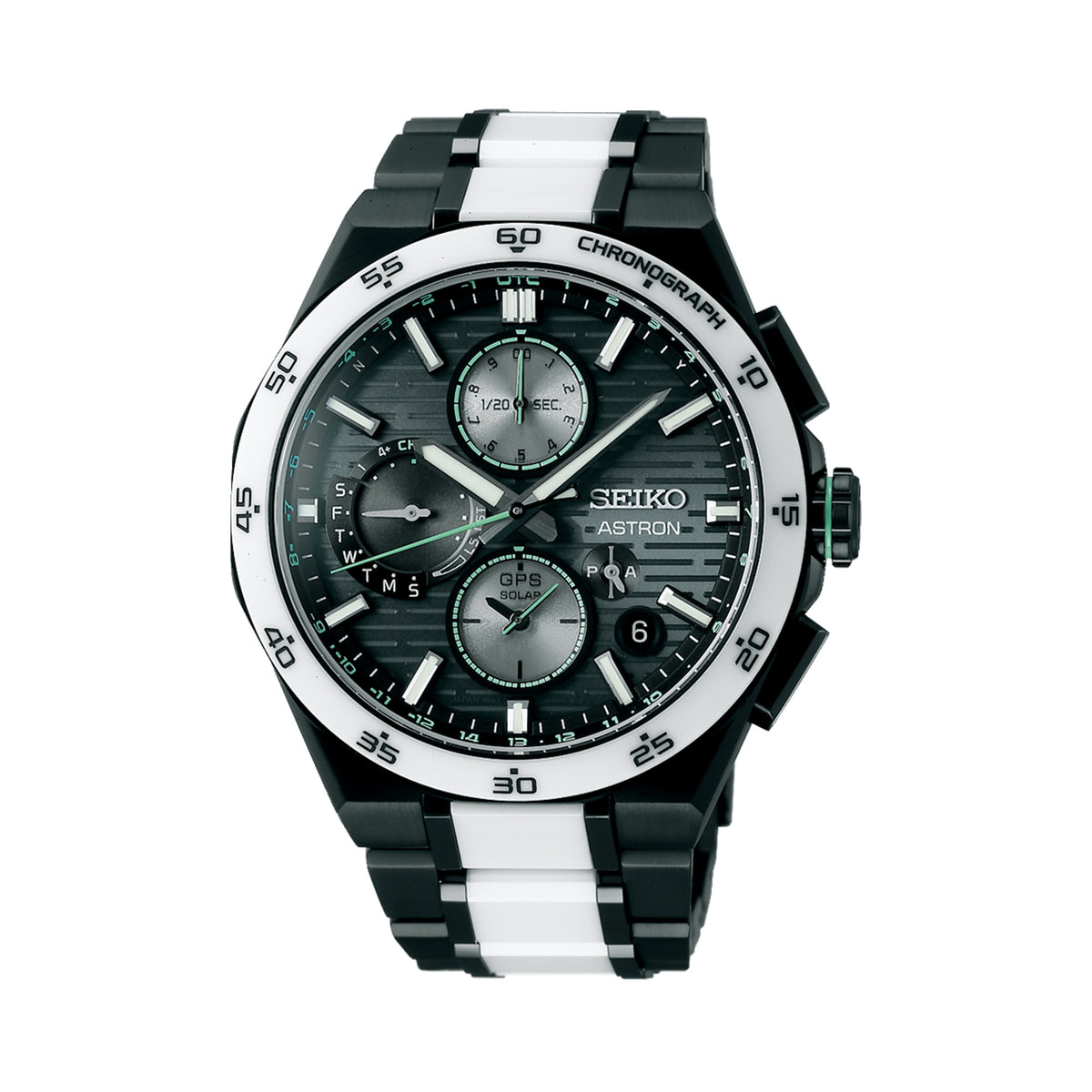 The Seiko Astron Limited Edition Solar GPS Men's 43.40mm Watch SSH185J features a dial with a horizontal intermittent line pattern and light green accents. The 43.4mm titanium case is fitted with dual-curved sapphire crystal and a white ceramic bezel.