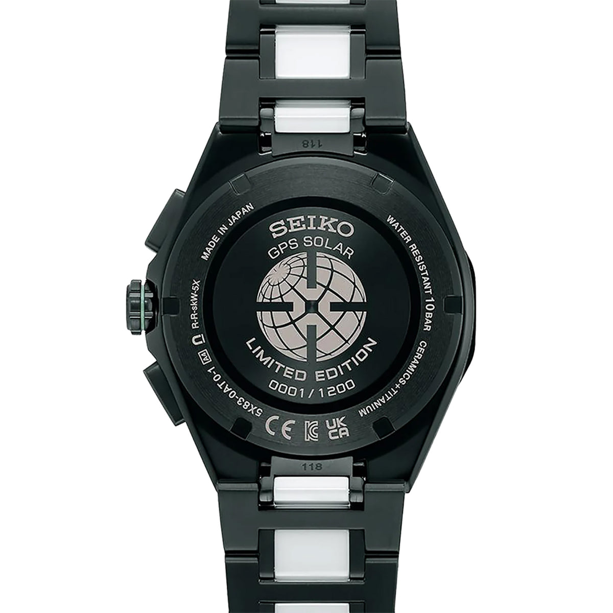 The Seiko Astron Limited Edition Solar GPS Men's 43.40mm Watch SSH185J is fitted with a black titanium and white ceramic bracelet, secured by an easy-adjust three-fold clasp with push-button release. The screw case back is engraved "LIMITED EDITION" with an individual serial number.