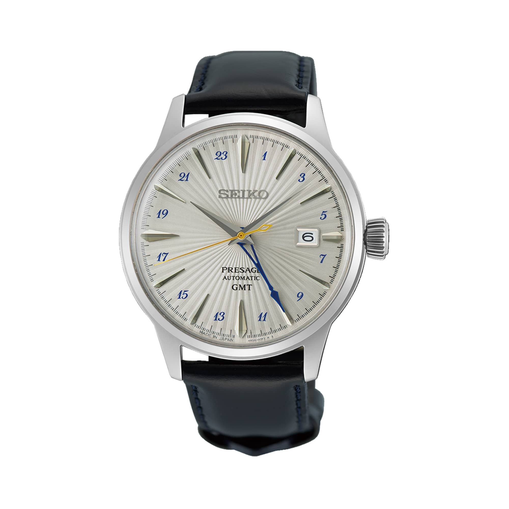 The Seiko Presage Cocktail Time Automatic GMT Men's 40.50mm Watch SSK049J features a grey pressed-pattern dial with a navy-toned GMT hand and gold-tone seconds hand, alongside a date window. The 40.5mm stainless steel case is fitted with box-shaped Hardlex crystal.