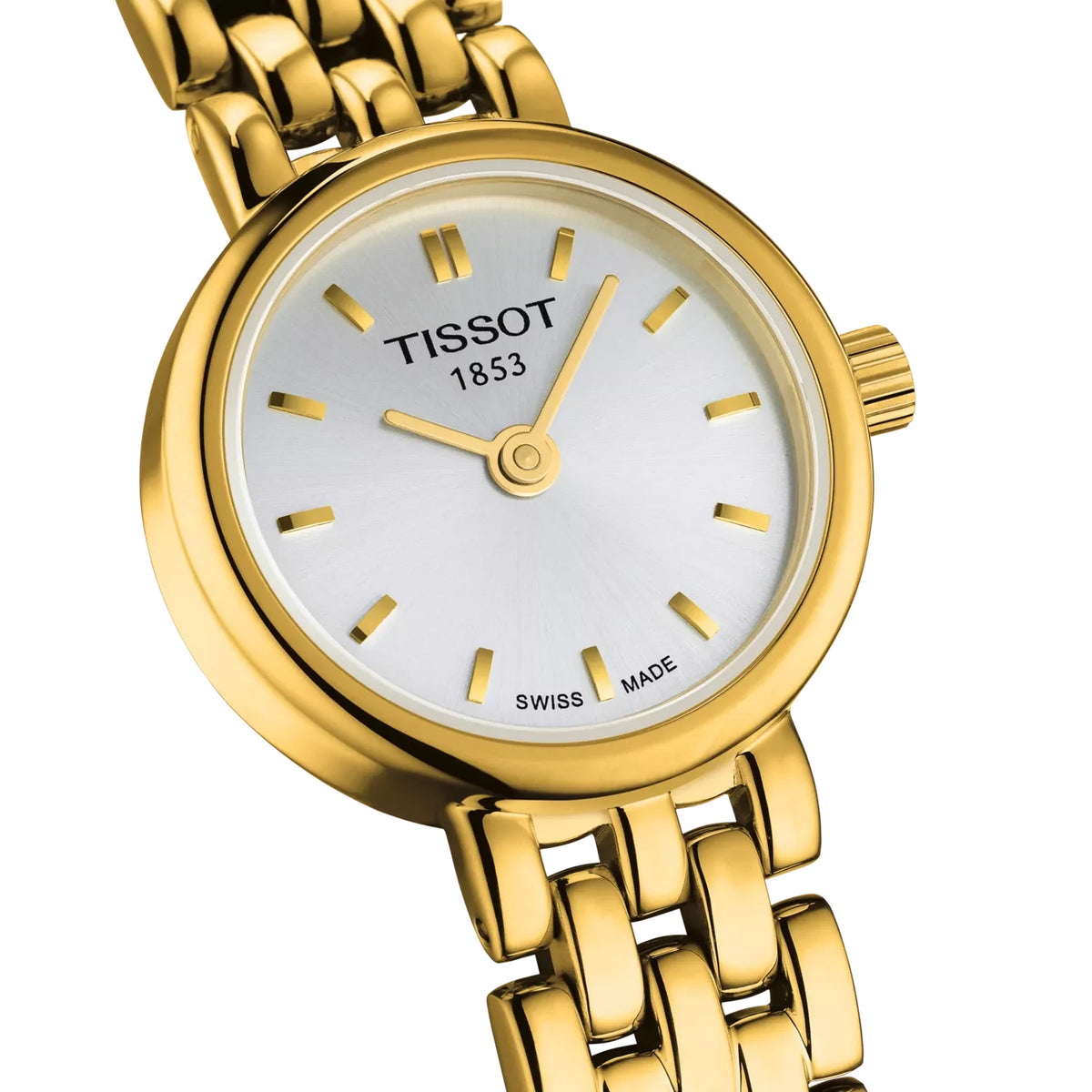 Tissot Lovely Round 19.5mm T058.009.33.031.00 front view – silver dial, gold PVD stainless steel round case, index hour markers, gold PVD jewellery-style bracelet