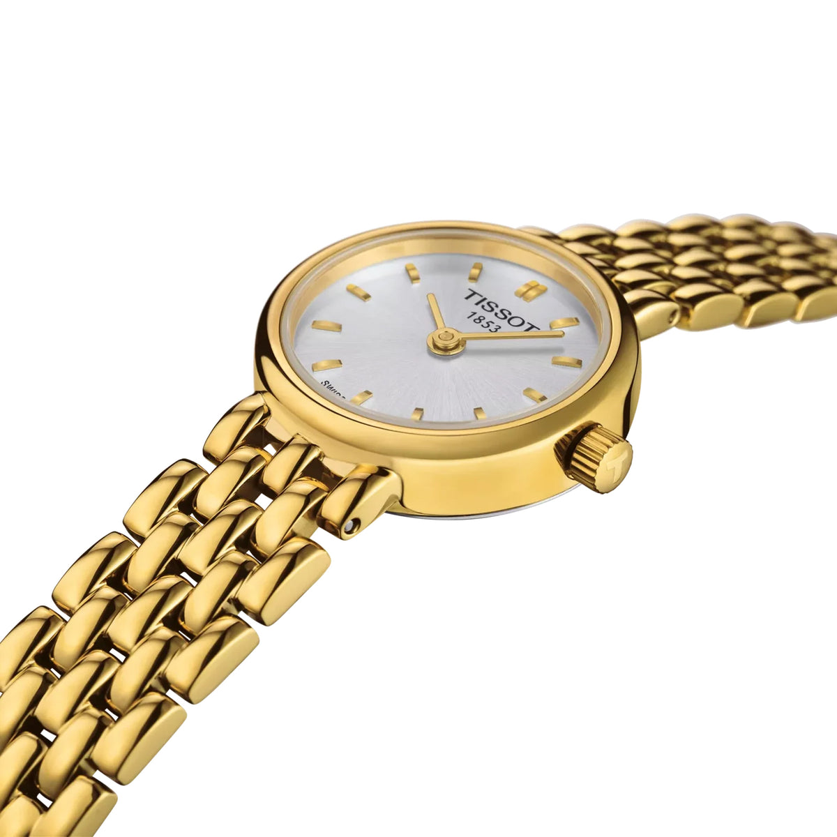 Tissot Lovely Round 19.5mm T058.009.33.031.00 side profile – slim gold PVD stainless steel case, sapphire crystal, delicate 19.5mm feminine profile