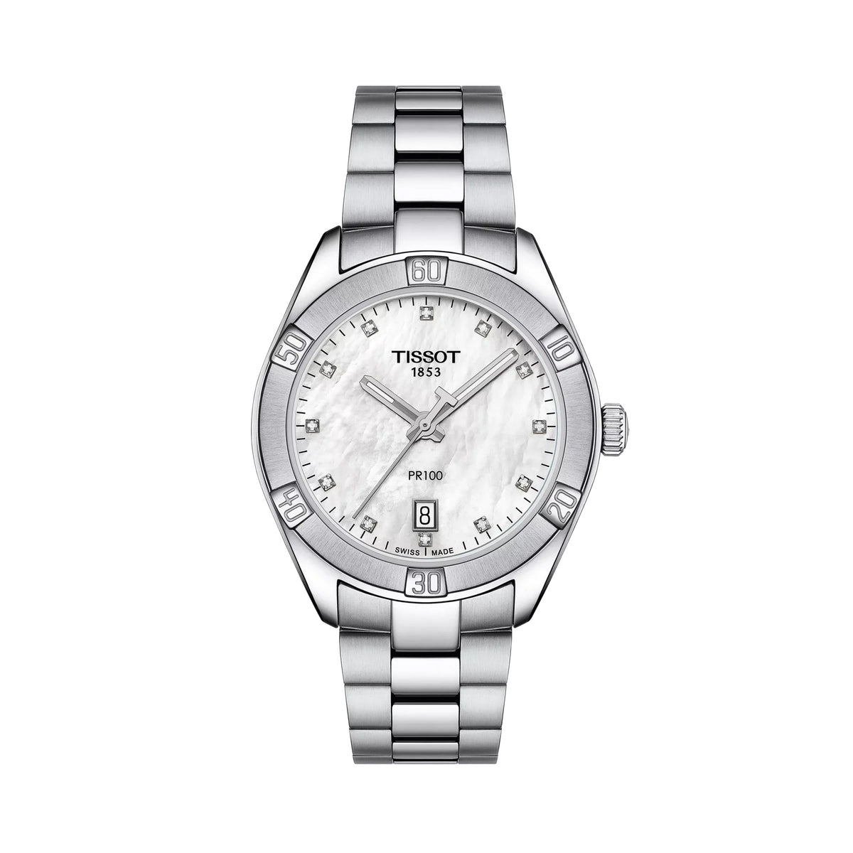 Tissot PR 100 Sport Chic 36mm T101.910.11.116.00 front view – white mother-of-pearl dial, silver 316L stainless steel case, 12 diamond hour indexes, Super-LumiNova® hands, date window, grey stainless steel bracelet