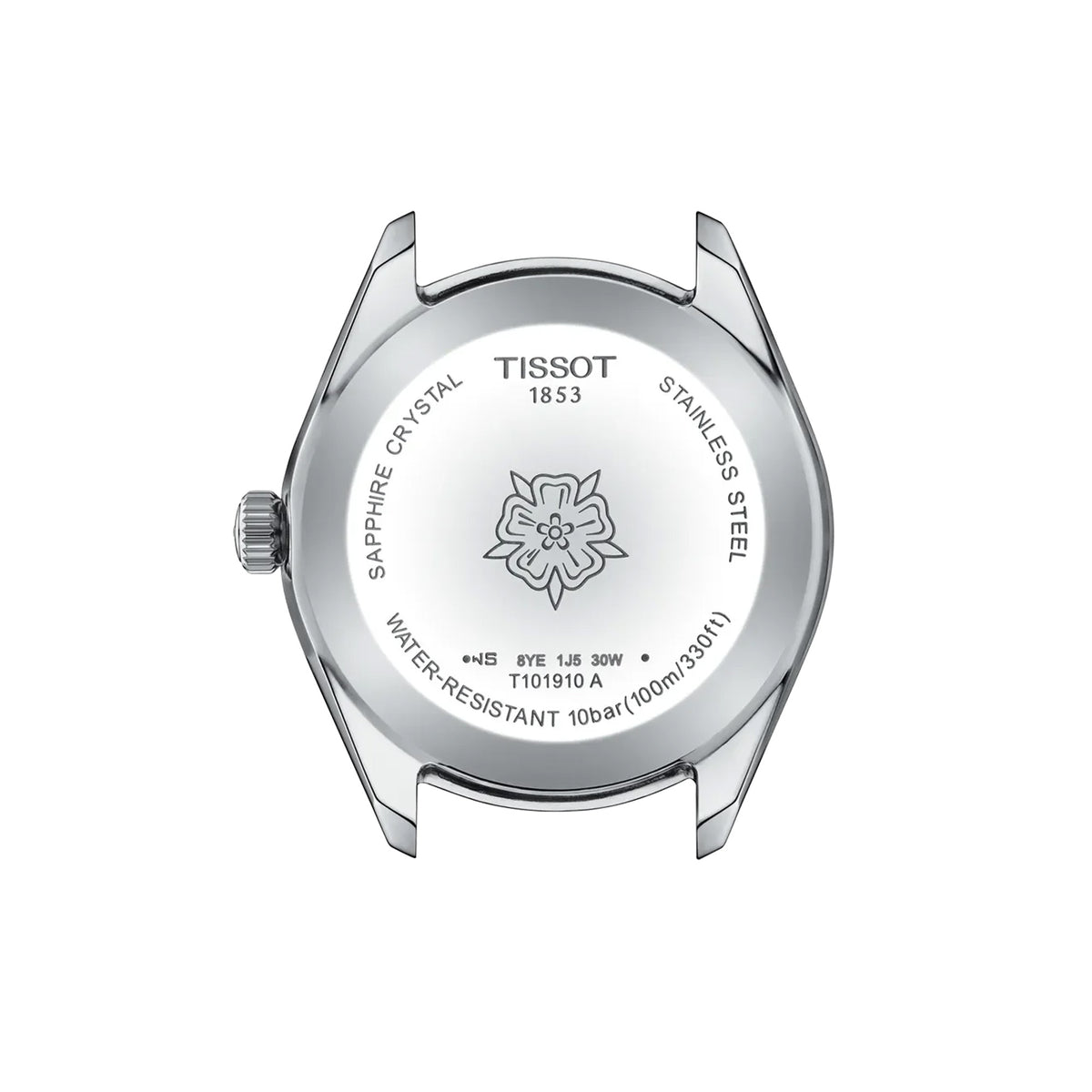 Tissot PR 100 Sport Chic 36mm T101.910.11.116.00 caseback view – 316L stainless steel, Swiss made, water resistant to 100m, model reference T101.910.11.116.00