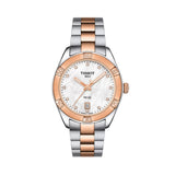 Tissot PR 100 Sport Chic 36mm T101.910.22.116.00 front view – white mother-of-pearl dial, two-tone grey and rose gold PVD stainless steel case, 12 diamond hour indexes, Super-LumiNova® hands, date window, two-tone bracelet