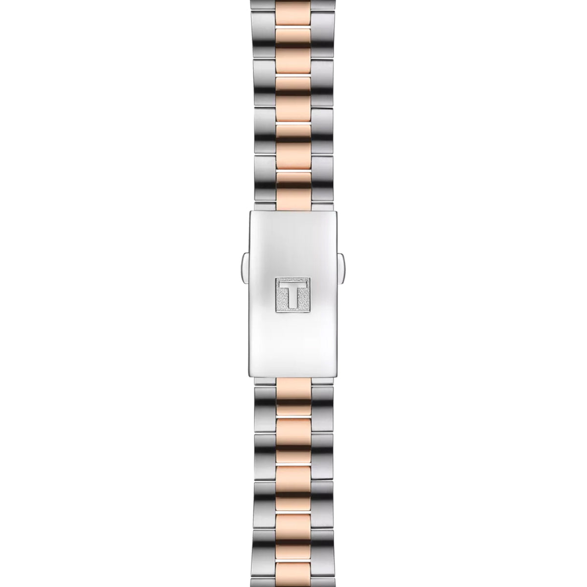 Tissot PR 100 Sport Chic 36mm T101.910.22.116.00 bracelet detail – two-tone grey and rose gold PVD stainless steel bracelet with folding clasp and push-button safety