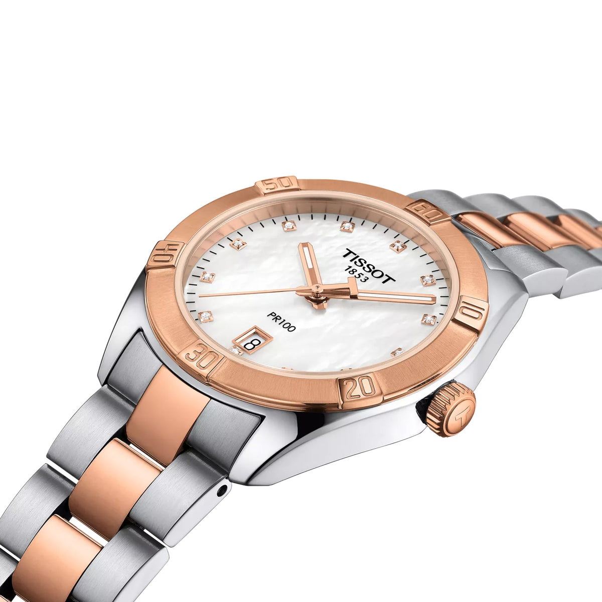 Tissot PR 100 Sport Chic 36mm T101.910.22.116.00 side profile – 316L stainless steel with rose gold PVD coating, sapphire crystal with antireflective coating, slim 9mm feminine profile