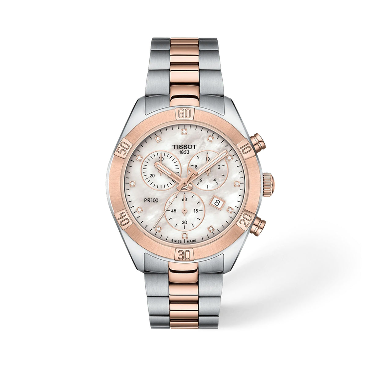 Tissot PR 100 Sport Chic Chronograph 38mm T101.917.22.116.00 front view – white mother-of-pearl dial with diamond indexes, two-tone grey and rose gold PVD stainless steel case, chronograph subdials, date window, two-tone bracelet