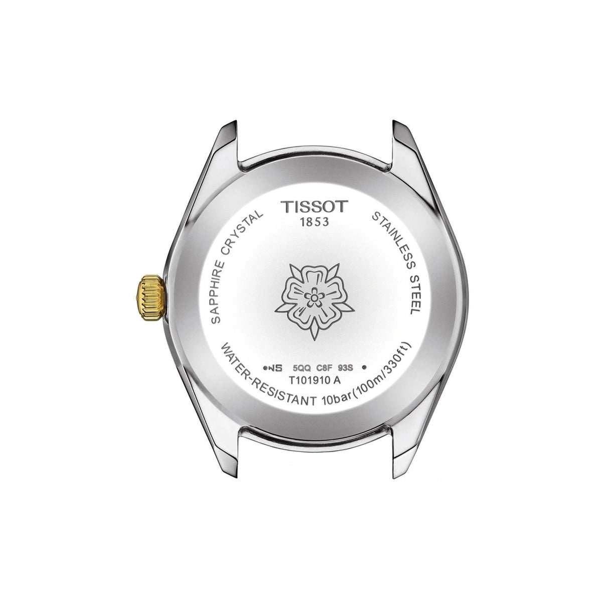 Tissot PR 100 Sport Chic 36mm T101.910.22.111.00 caseback view – 316L stainless steel with yellow gold PVD coating, Swiss made, water resistant to 100m, model reference T101.910.22.111.00
