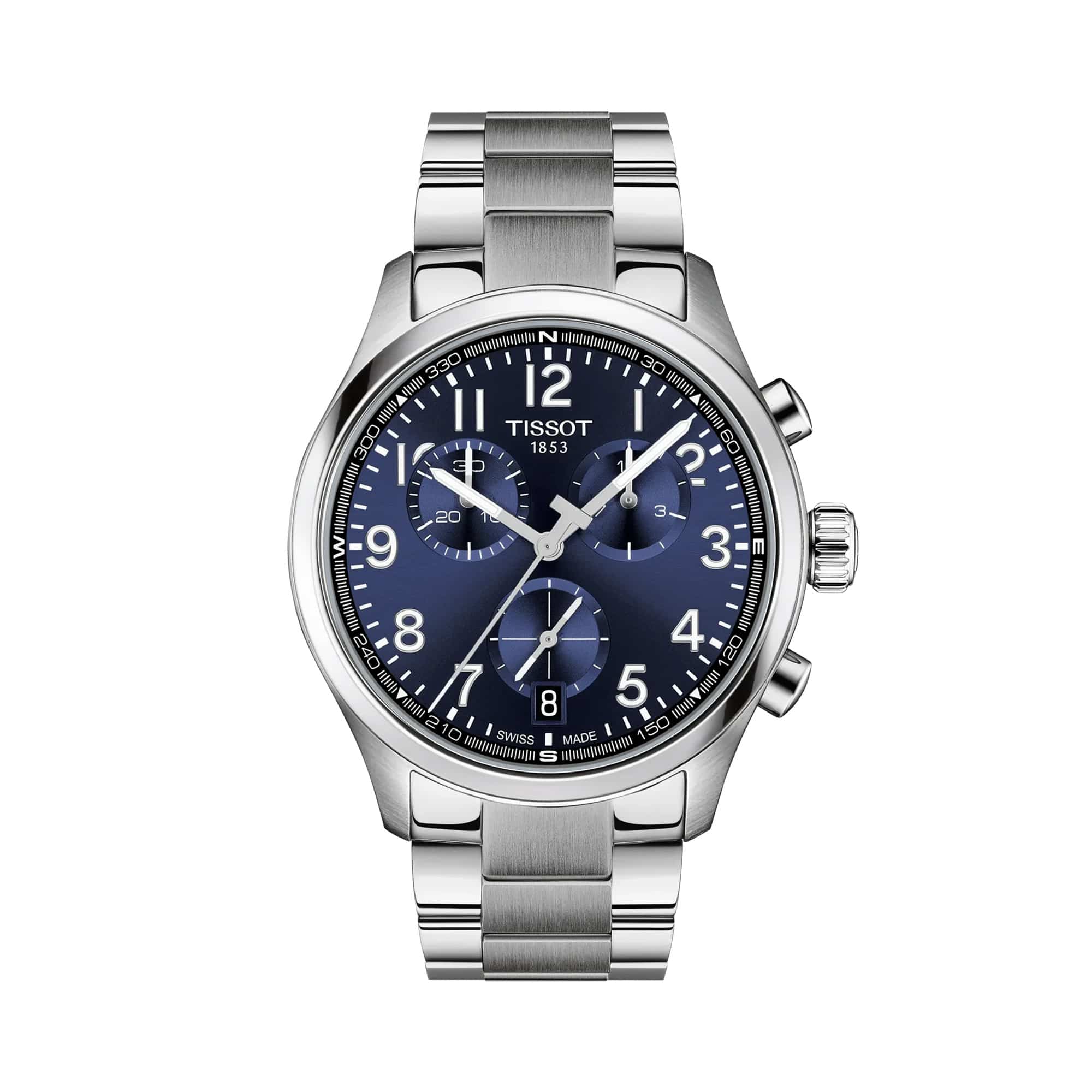 Tissot Chrono XL 42mm T116.417.11.042.00 men’s chronograph watch with a bold blue dial, stainless steel case and bracelet, luminous hands, tachymeter bezel, and three chronograph sub-dials. The sporty Swiss quartz watch features a contemporary 42mm design with date display and sapphire crystal.