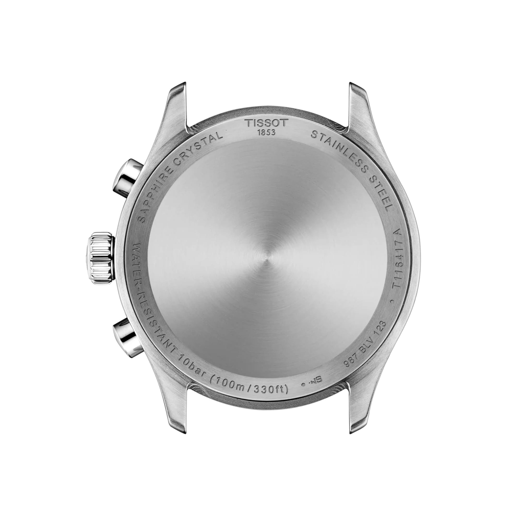 Rear view of the Tissot Chrono XL 42mm T116.417.11.042.00 showing the engraved stainless steel case back.