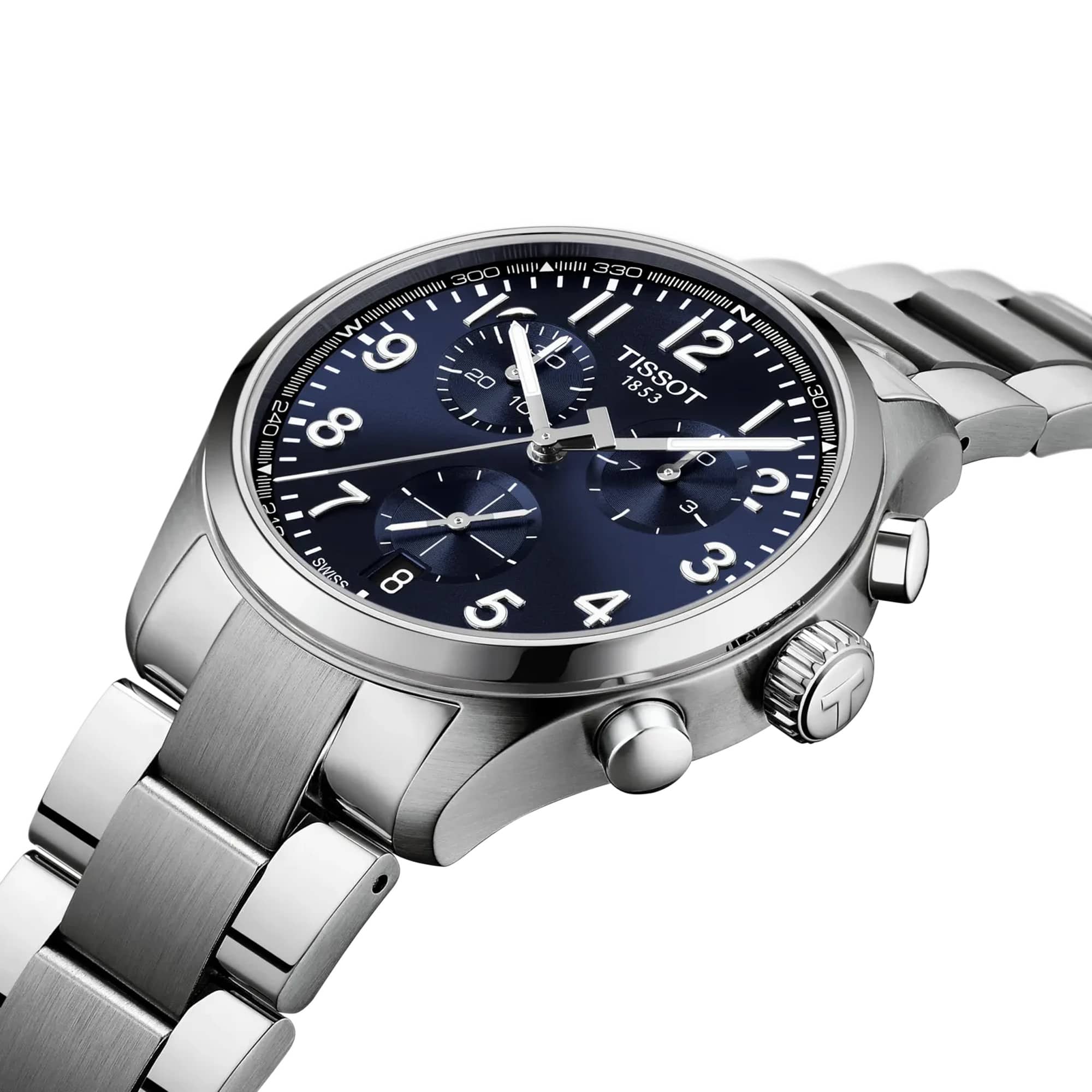 Tissot Chrono XL 42mm T116.417.11.042.00 men’s chronograph watch with a bold blue dial, stainless steel case and bracelet, luminous hands, tachymeter bezel, and three chronograph sub-dials. The sporty Swiss quartz watch features a contemporary 42mm design with date display and sapphire crystal.