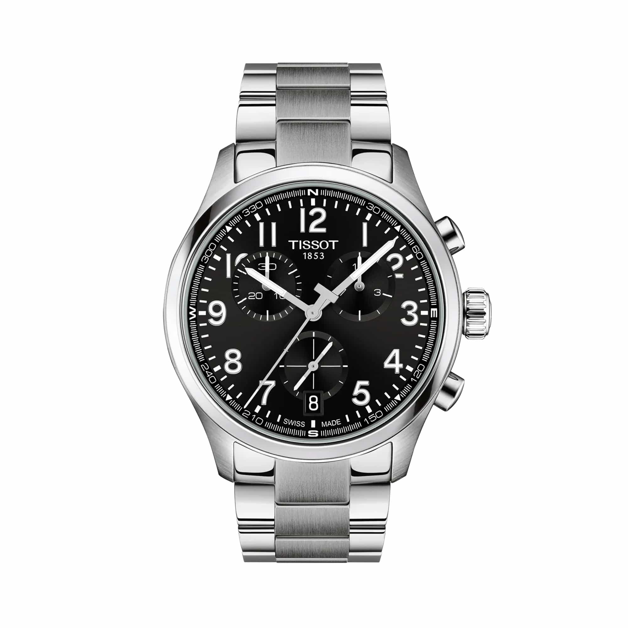 Tissot Chrono L 42mm T116.417.11.052.00 men’s chronograph watch with black dial, stainless steel case and bracelet, luminous hands, chronograph sub-dials, and scratch-resistant sapphire crystal.
