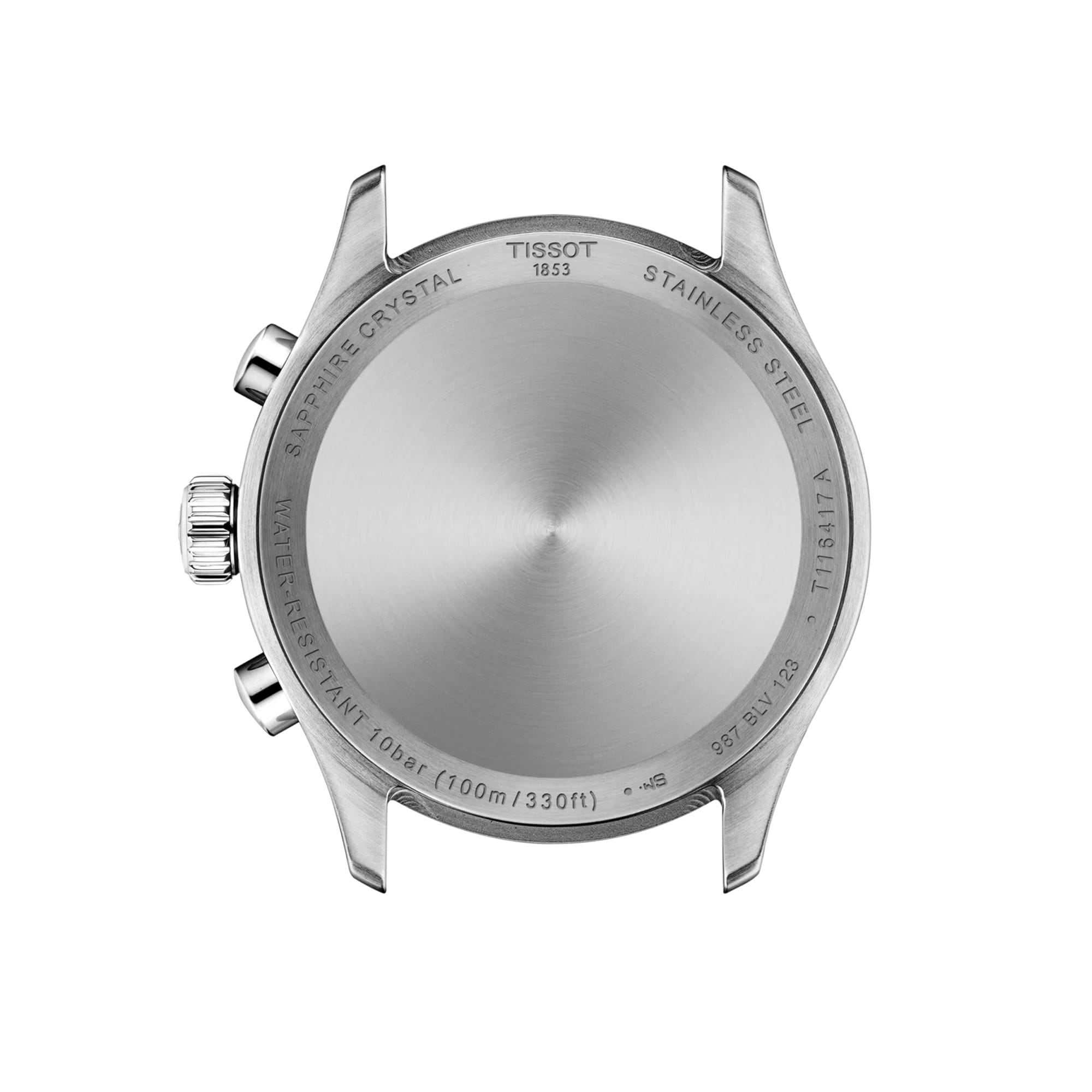 Rear view of the Tissot Chrono L 42mm T116.417.11.052.00 showing the engraved stainless steel case back